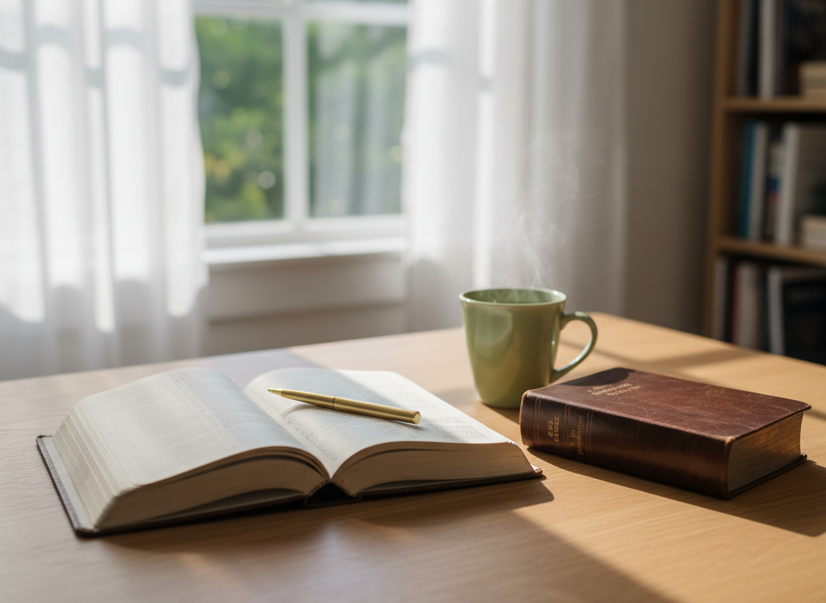 A neatly arranged writing desk featuring an open linen-bound journal with creamy, unlined pages, a slim gold pen resting in the center crease, and a closed, weathered leather Bible placed slightly to the side. The desk is a light oak surface beside a large window, with a single pale green ceramic mug of herbal tea releasing faint steam. Soft morning sunlight filters through sheer white curtains, casting gentle, dappled shadows and creating a calm, contemplative glow. Photographic realism, shot at eye level with a shallow depth of field so the journal and Bible are in crisp focus while the background fades into a soft bokeh. The mood is serene, hopeful, and reflective, evoking quiet time for faith, wellness, and intentional planning after a season of chaos.