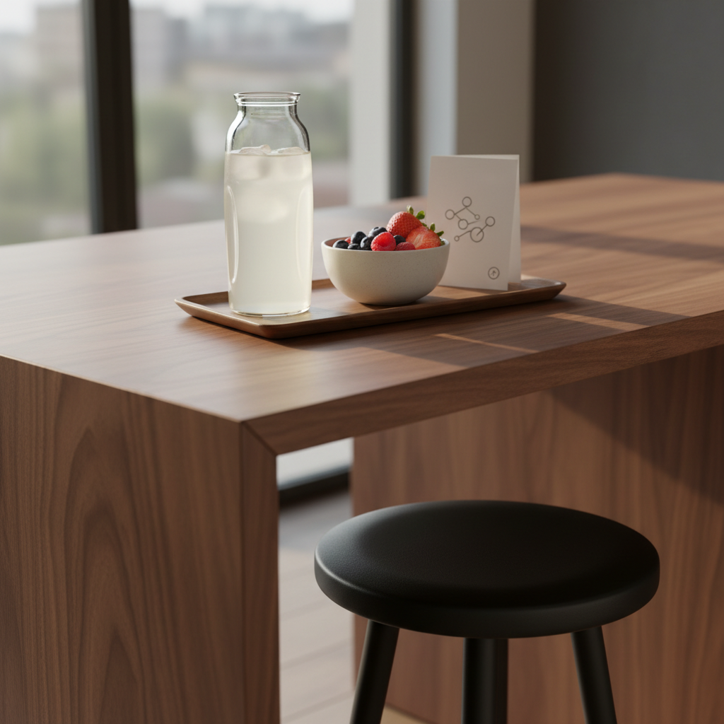 A sleek walnut kitchen island with a single, neatly organized wellness tray: a frosted glass shaker bottle filled with a pale, translucent peptide drink, a small white ceramic bowl of vibrant mixed berries, and a folded, minimalist informational card featuring only simple diagrams instead of text. A matte black stool is tucked under the island, hinting at a purposeful pause in a busy day. Natural afternoon light streams in from large windows behind the camera, creating soft highlights along the rim of the shaker and gentle shadows across the wood grain. Photographic realism, shot from a low, three-quarter angle to emphasize the tactile details. The atmosphere feels modern, educated, and empowering, linking science-backed peptide support with everyday holistic wellness and thriving after past turbulence.