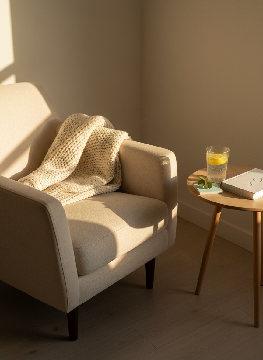 A minimalist, cozy reading nook with a plush cream knit blanket draped over the arm of a low, modern armchair, facing a small round side table. On the table lies a closed, matte white hardcover book titled only with an embossed, abstract symbol, alongside a glass of lemon-infused water with visible condensation. A small stack of pastel sticky notes and a single sprig of eucalyptus complete the scene. Golden hour sunlight streams through an unseen window, washing the space in warm, soothing light and creating long, soft shadows. Photographic realism, captured from a slightly elevated angle with the chair in the foreground and the table framed on the rule of thirds. The atmosphere feels sophisticated, nurturing, and ready for gentle self-reflection and healing.