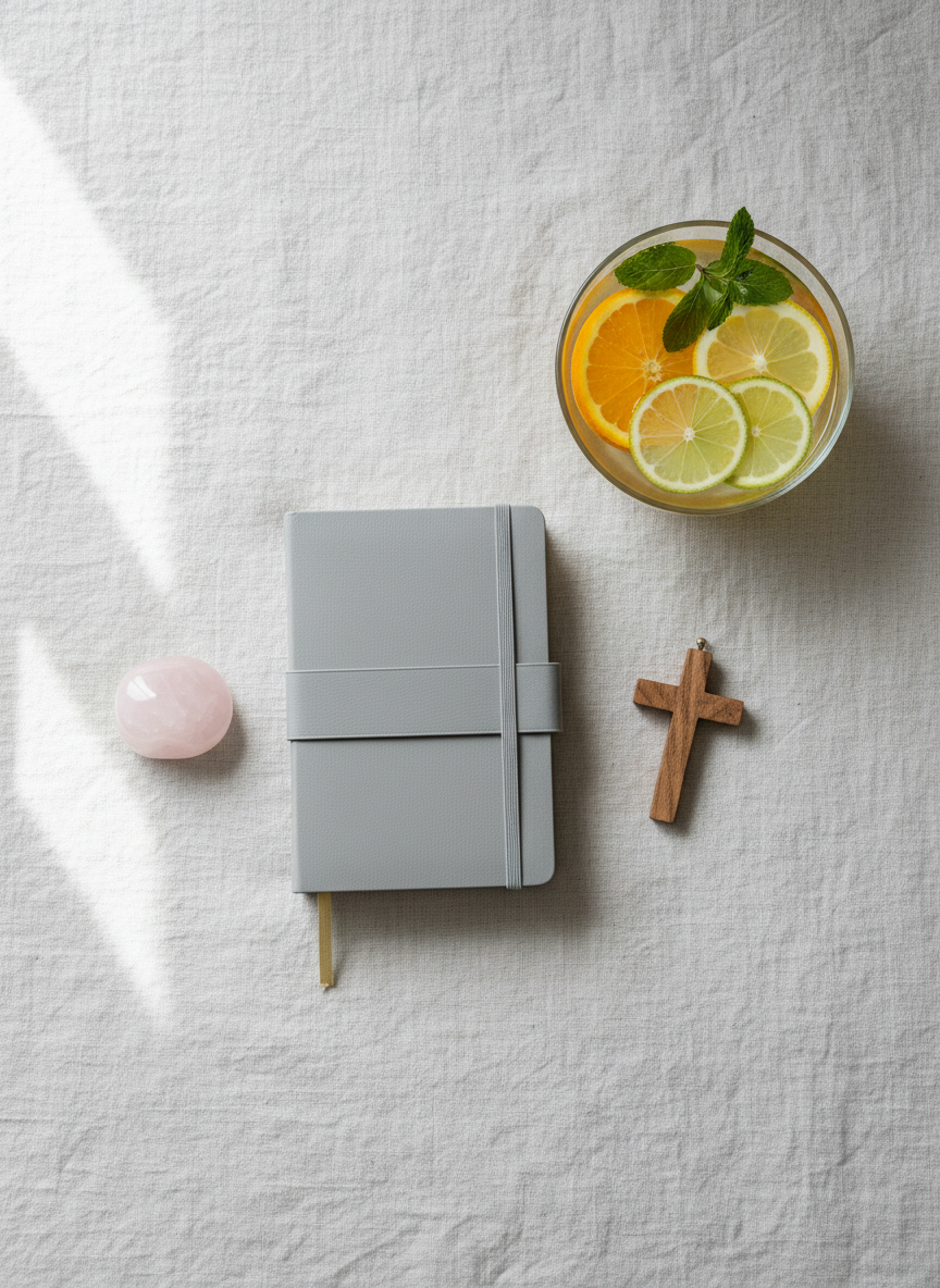 A textured, off-white linen bedspread with a small still-life arrangement at its center: a closed, soft grey prayer journal with an elastic band, a smooth rose quartz stone, a delicate gold bookmark ribbon peeking out, and a simple wooden cross pendant resting beside them. Nearby, a clear glass bowl holds sliced citrus and mint leaves floating in water, adding a hint of color and freshness. Soft overcast daylight from a nearby window creates a gentle, diffused glow with almost no harsh shadows. Photographic realism, captured directly from above in a flat-lay style, with careful negative space around the objects for text overlay. The scene radiates gentle spiritual grounding, heart-healing, and self-love in a sophisticated, uncluttered aesthetic.
