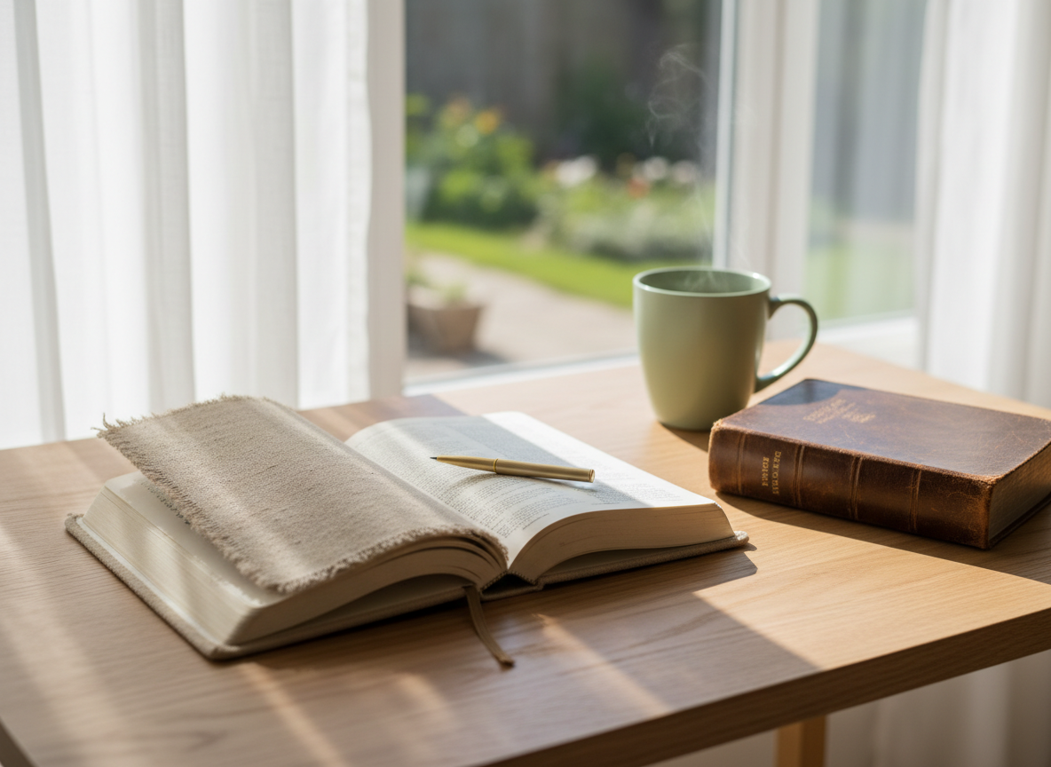 A neatly arranged writing desk featuring an open linen-bound journal with creamy, unlined pages, a slim gold pen resting in the center crease, and a closed, weathered leather Bible placed slightly to the side. The desk is a light oak surface beside a large window, with a single pale green ceramic mug of herbal tea releasing faint steam. Soft morning sunlight filters through sheer white curtains, casting gentle, dappled shadows and creating a calm, contemplative glow. Photographic realism, shot at eye level with a shallow depth of field so the journal and Bible are in crisp focus while the background fades into a soft bokeh. The mood is serene, hopeful, and reflective, evoking quiet time for faith, wellness, and intentional planning after a season of chaos.