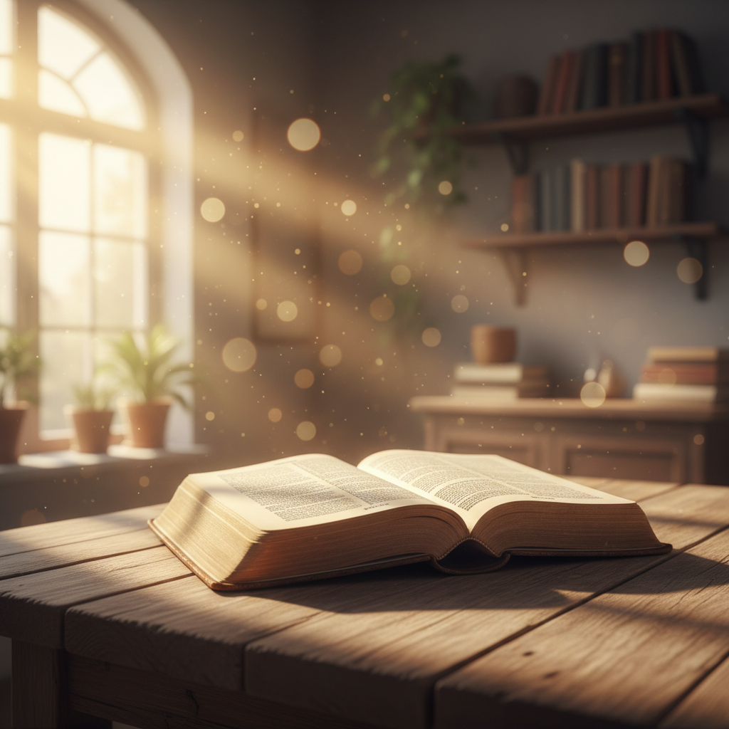 A beautiful open Bible on a wooden table with warm sunlight streaming through a window, soft bokeh background, peaceful and reverent atmosphere, warm golden tones