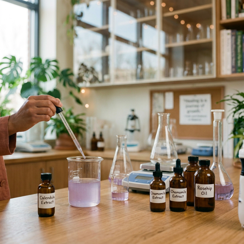 Scientist mixing a purple liquid in a beaker with labeled herbal extract bottles nearby in a laboratory